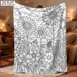 2D Flat, 1pc Adult Coloring Floral Patterns in Black And White Line Art for a Blanket, Featuring English Line Designs. Ideal for Keeping Warm in Air-Conditioned Rooms, As a Portable Shawl for Outdoor Travel