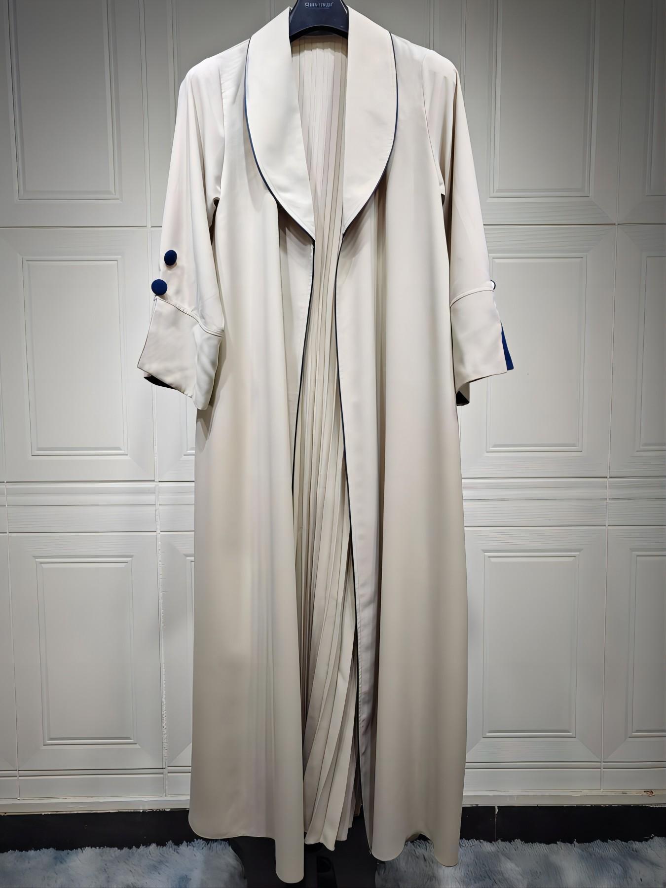 Women's Contrast Binding Open Front Abaya, Modesty Abaya, Elegant Long Sleeve Pleated Drawstring Outerwear for Spring & Fall, Ladies Islamic Clothing for Daily Wear