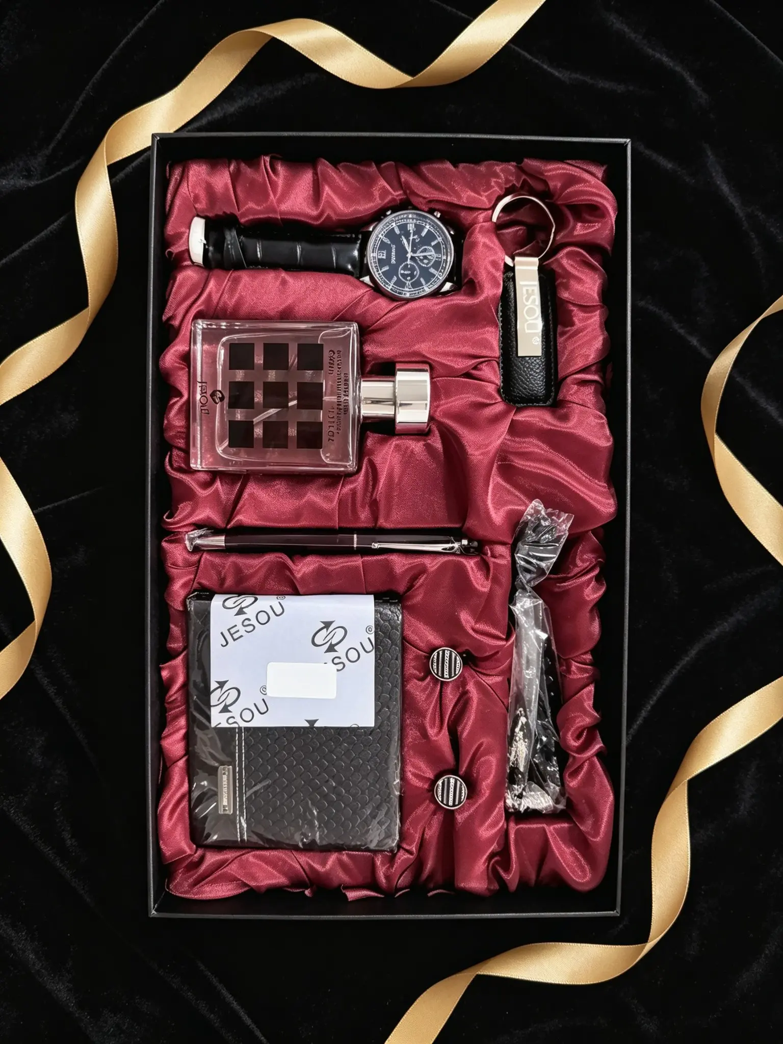 Men's Luxury Gift Set, Complete Accessories Set, Belt + High-End Wallet + Perfume + Beads + Cufflinks + Keychain + Quartz Watch, All Seasons, Embroidery Pattern