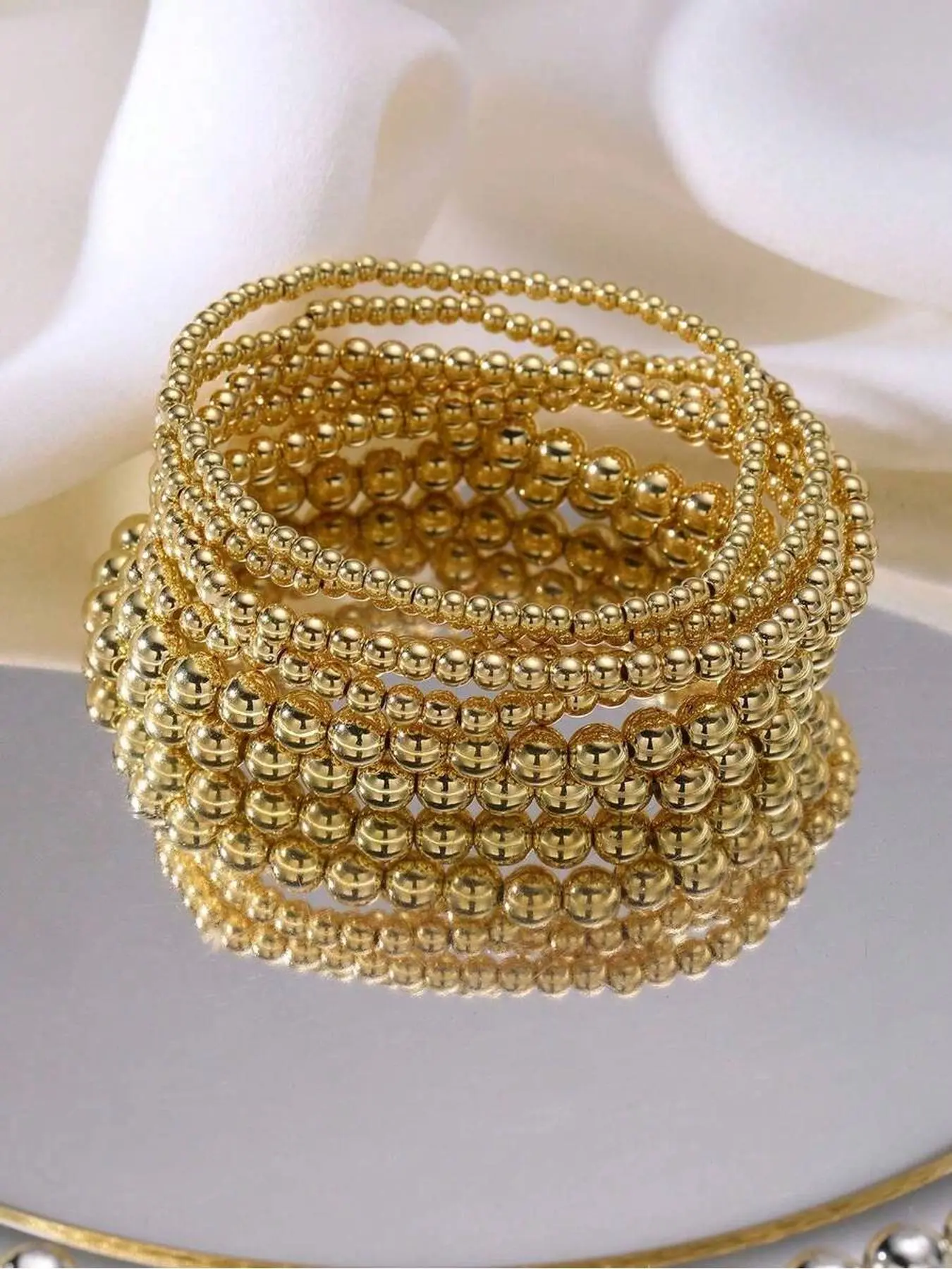 7pcs/Set Minimalist Gold Beaded Layered Bracelet Set, Handmade Jewelry Bangle Suit, Suitable For Women's Daily Wear