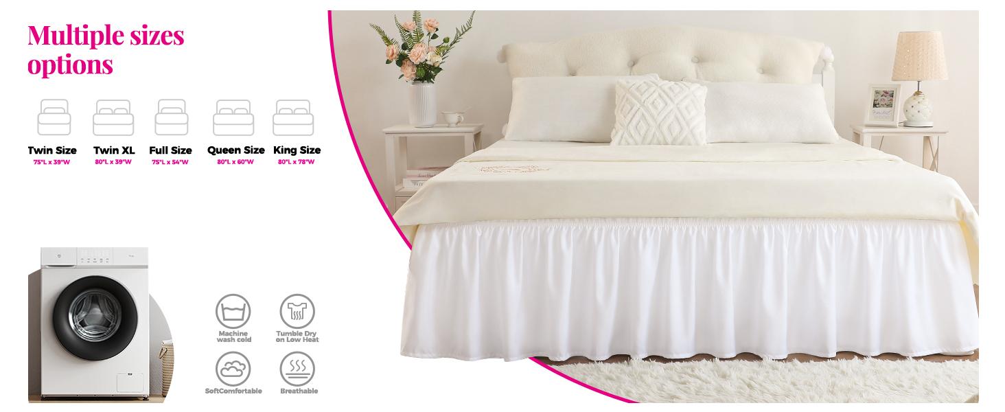 Queen Bed Skirt 14 Inch Drop White, Wrap Around Elastic Bed Skirts Queen Size Dust Ruffle, Bedskirt for Bed Base Machine Washable Easy to Install