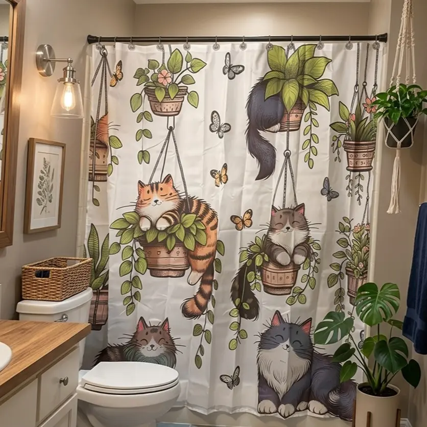 1/4pcs Easter Decor Cat Bathroom Set, Bathroom Decor And Accessories, Cute White Printed Shower Curtain with Striped Cats, Toilet Lid Cover, 2 Floor Rugs with Butterflies, Feline & Floral Pattern for Bathroom