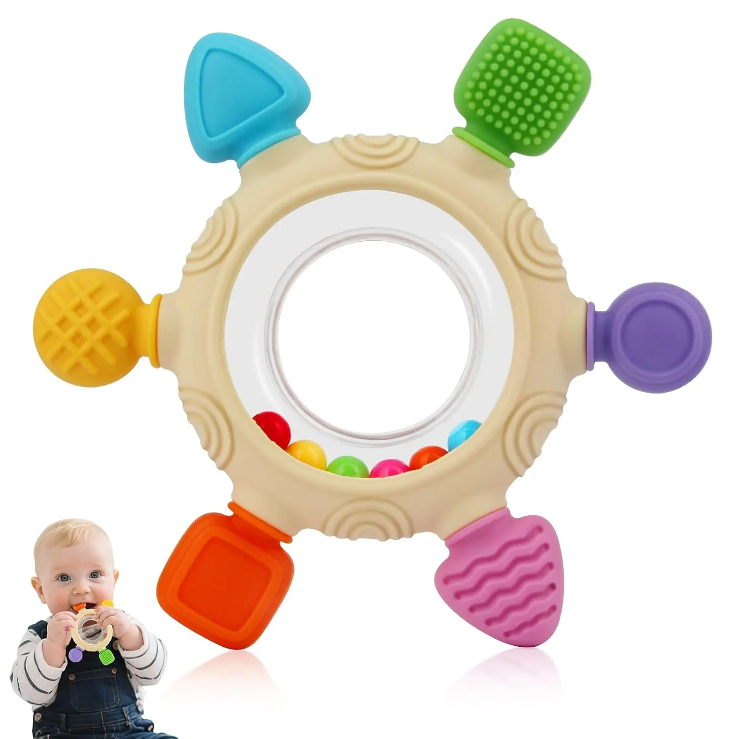 Baby Teething Rings Toys  0-6 6-12 Months Baby Rattle Teether Sensory Toys  Babies 0-24Months Silicone Teether Relief Chew Soothing Sore Gums  Newborn Infant Essentials BPA Free New model