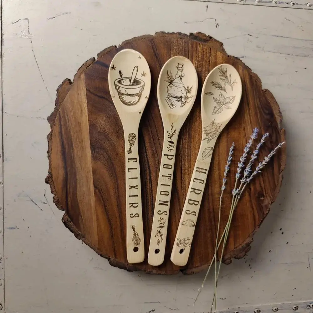 3 Pack Wood Burned Witch Wooden Spoons Halloween Kitchen Decor Pagan Wicca Potion Utensils Spooky Party Favors Boo Themed Tabletop Decoration Supplies