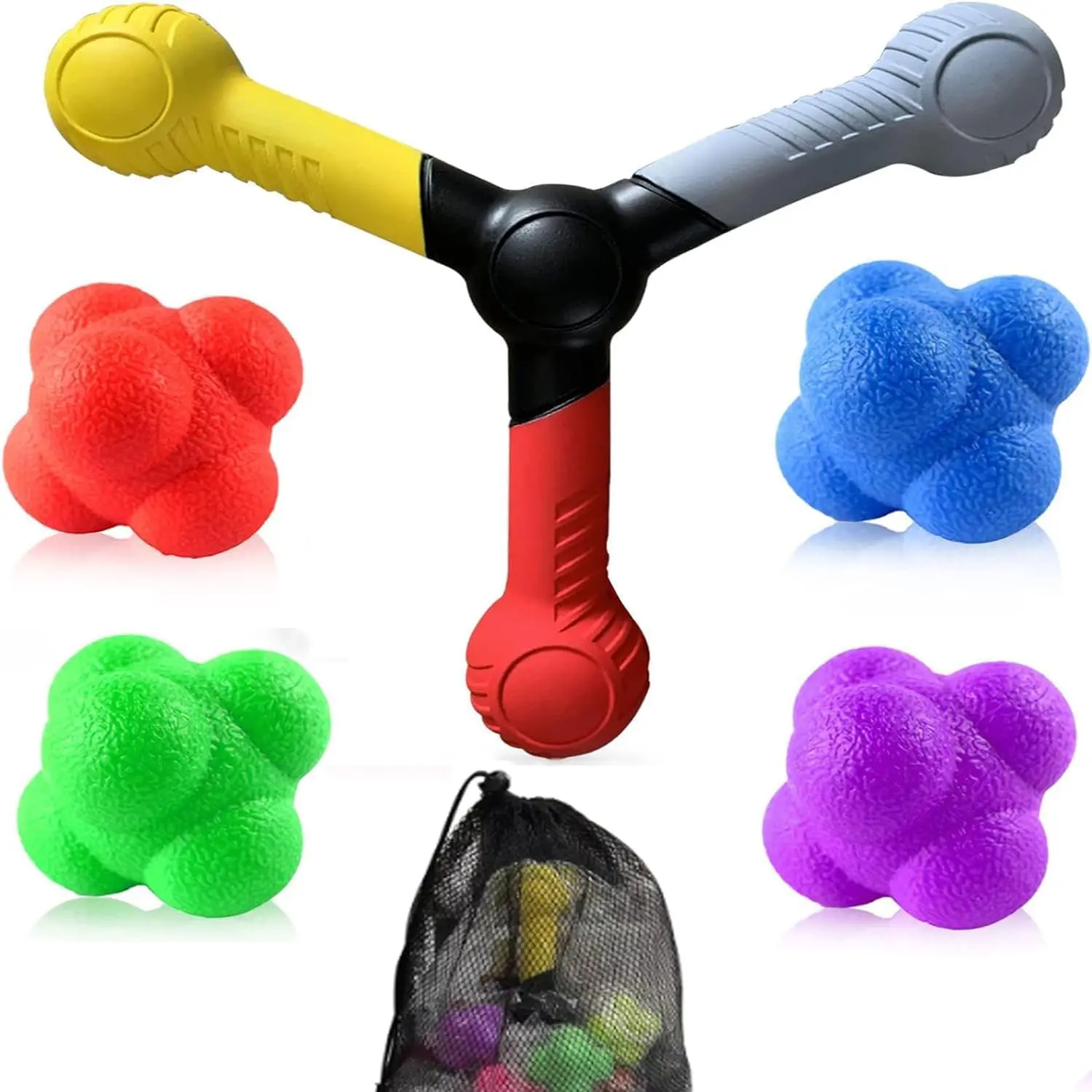 5 count Reaction Speed  Tools Kit, 1 Hand Eye Coordination Stick, 4 Rubber Reaction Balls, Improve Reflex, Agility and Focus for , Exercise and Fun for  Ages