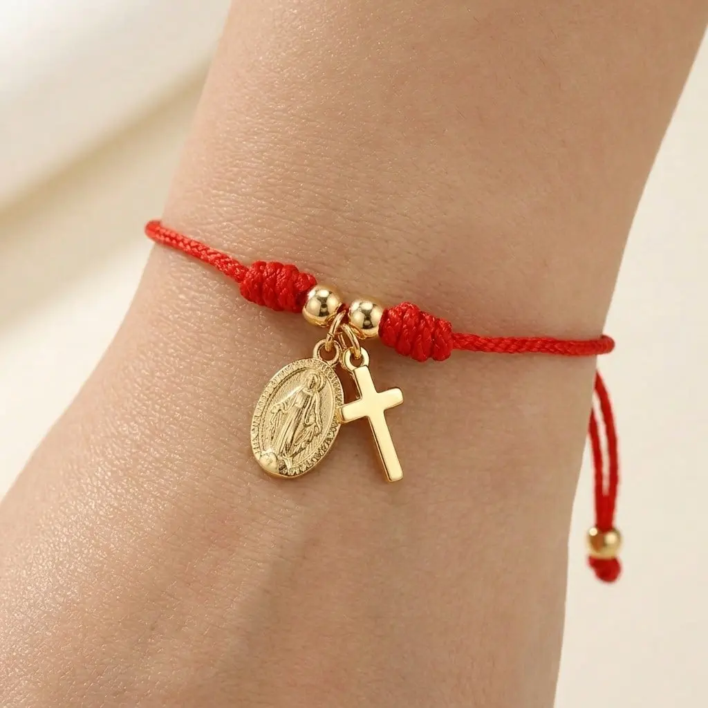 Women's Christian Cross Beaded Rope Bracelet - 1PCS Adjustable Red String Stainless Steel Jewelry, Cross Charm Faith-Based Wrist Accessory, Easter Gift for Women Girls Baptism Daily Wear