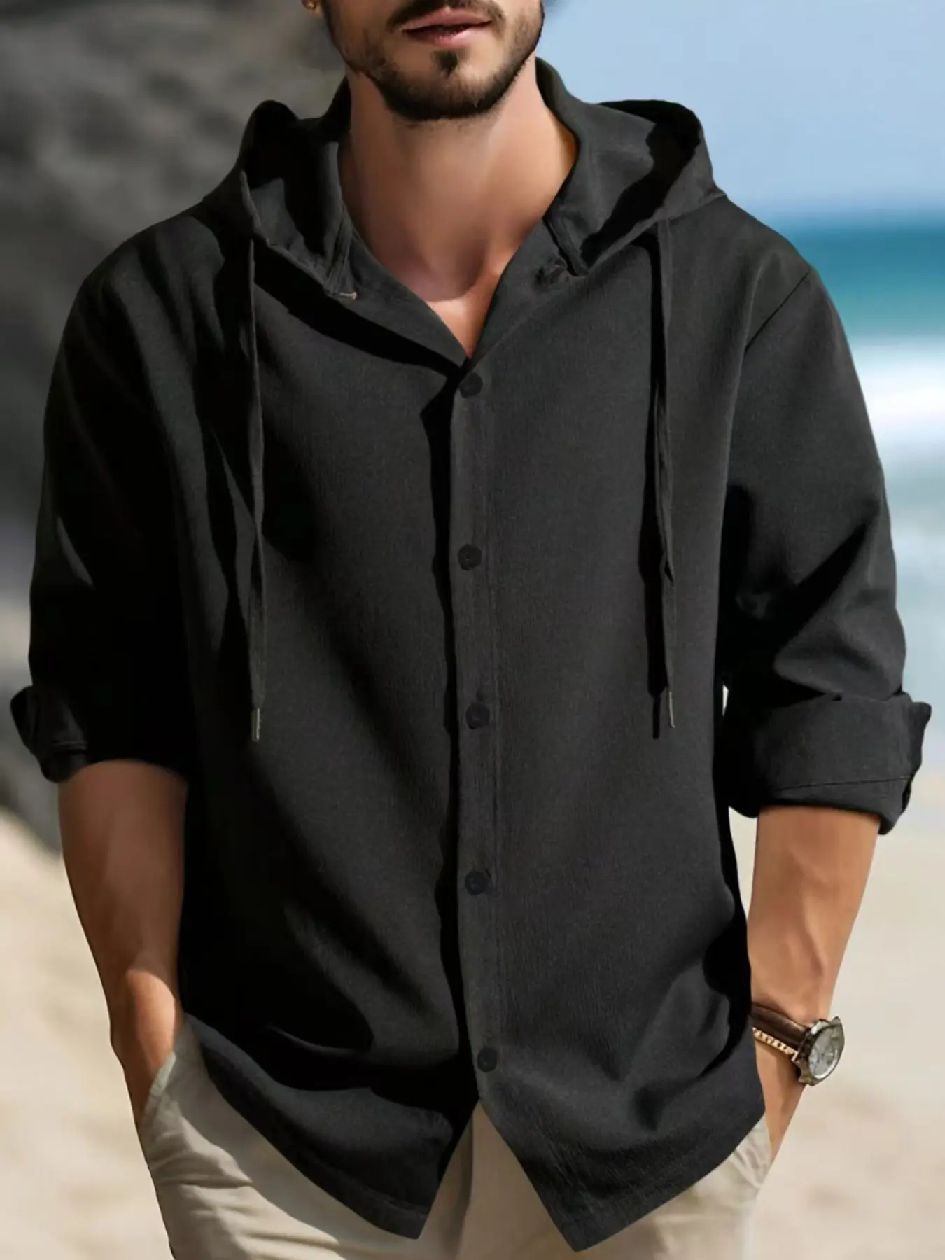Men's Summer Satin Hoodie Shirt Long Sleeve, Lightweight Flowy Vacation Casual Open Front Cardigan, Comfortable Loose Fit Top for Men