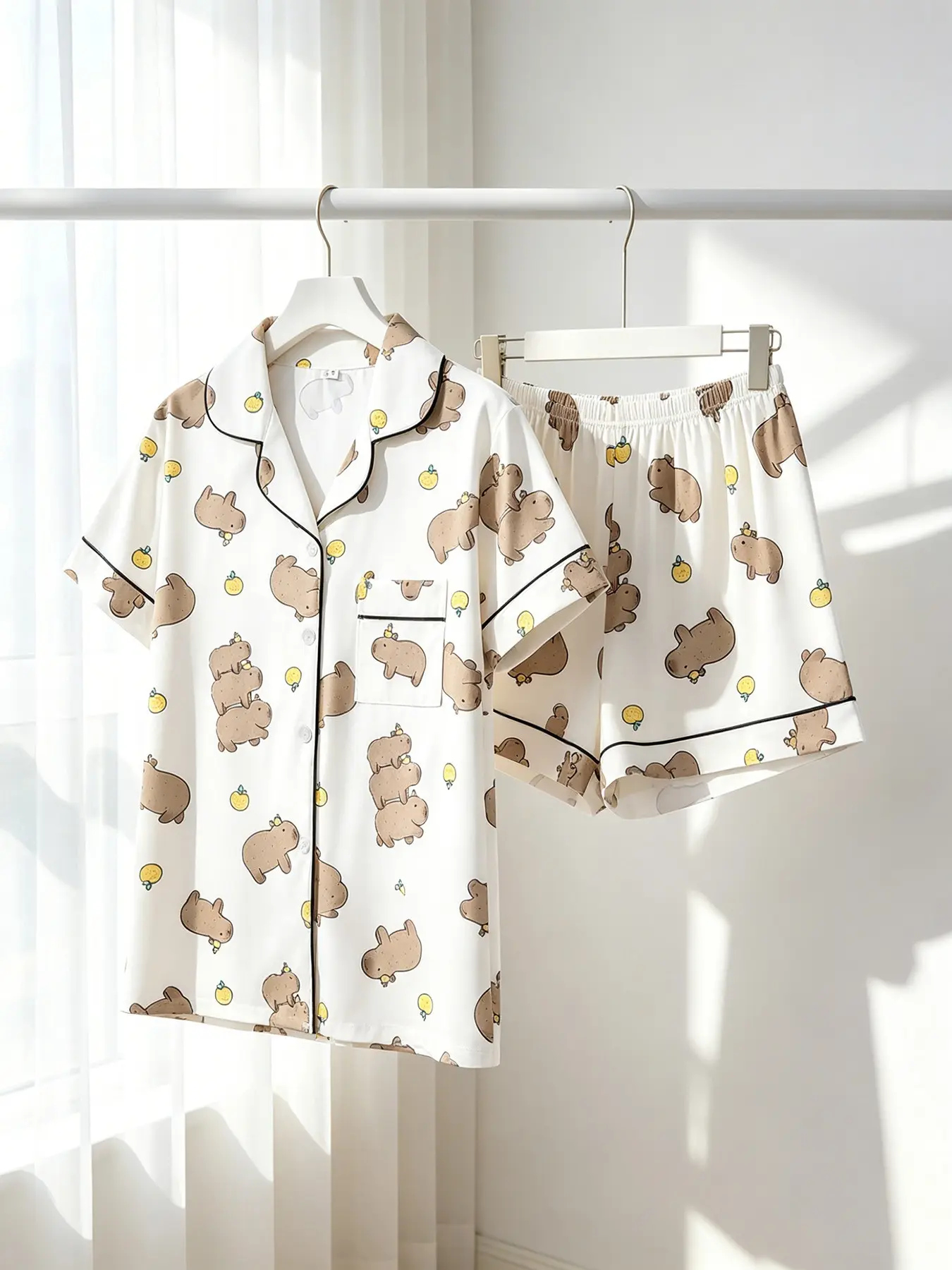 Women's Button-Down Short Sleeve Top & Shorts Pajama Set, White Capybara Orange Print, Black Piping, Front Pocket, Spring Summer Wear, Loose Fit, Cute Animal Cozy Casual Loungewear, Nightwear