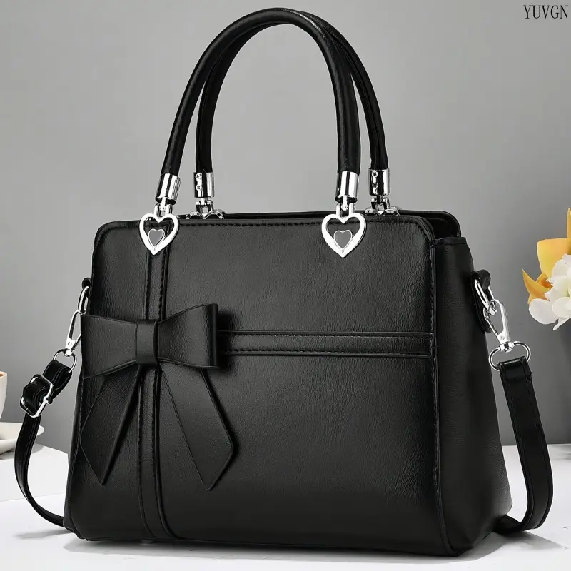 Women's Elegant Convertible Top Handle Satchel - Crossbody Shoulder Purse, Shoulder Gym Bag with Bow & Heart Decor for Party, Sports Use, Bowknot Decor Handbag