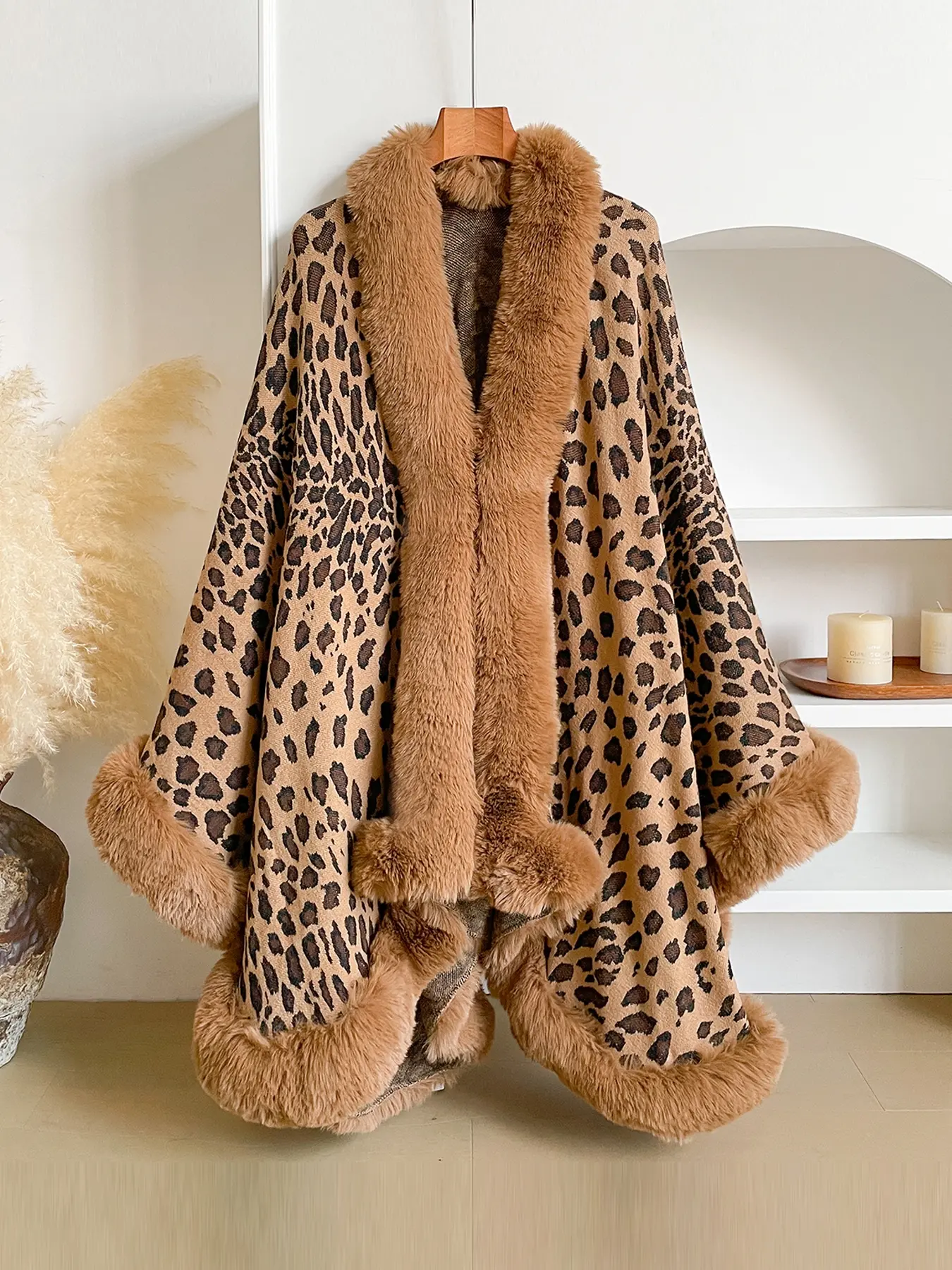 Winter Luxury Warm Fuzzy Cape, Leopard Print Shawl for Daily Wear, Fashionable Women's Winter Accessory, Elegant and Comfortable