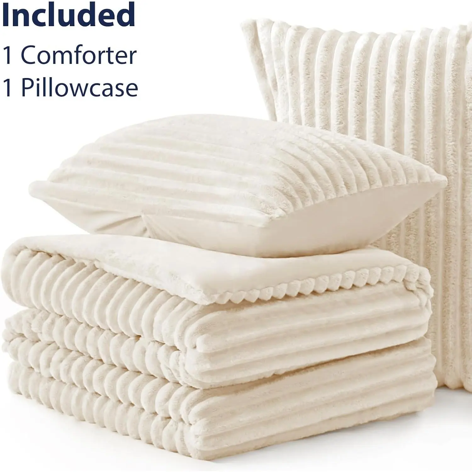 Cozy Seasonal Warm Twin Fluffy Comforter Set, Cream White Faux Fur Stripe Jacquard 2 Piece Fleece Bedding Kit, Soft Warm Bed Set Includes 1 Comforter & 1 Pillowcase