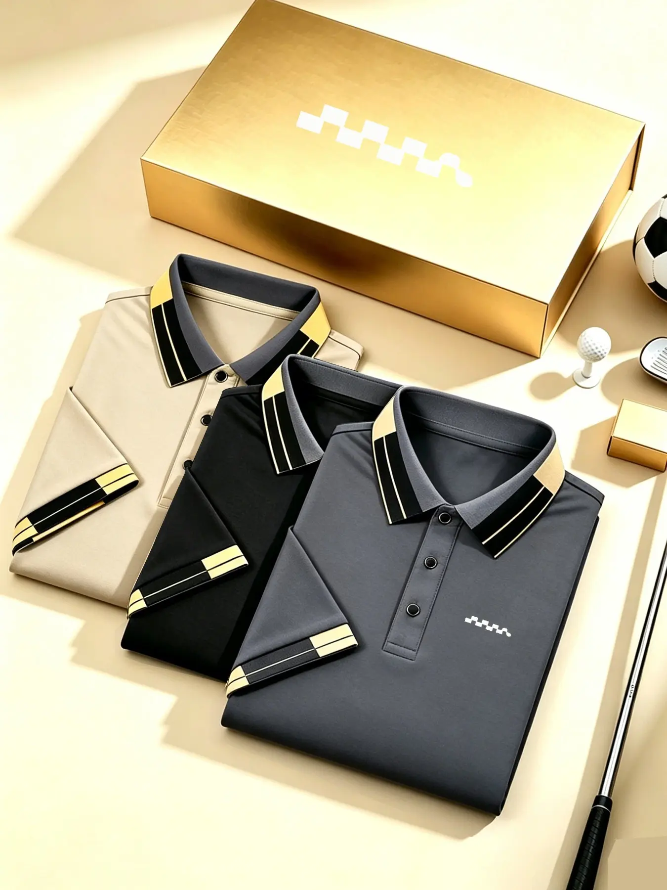 3-Piece Geometric Pattern Men's Polo Shirt, Casual Loose-Fit, Breathable Fabric, Ideal for Tennis Training & Business