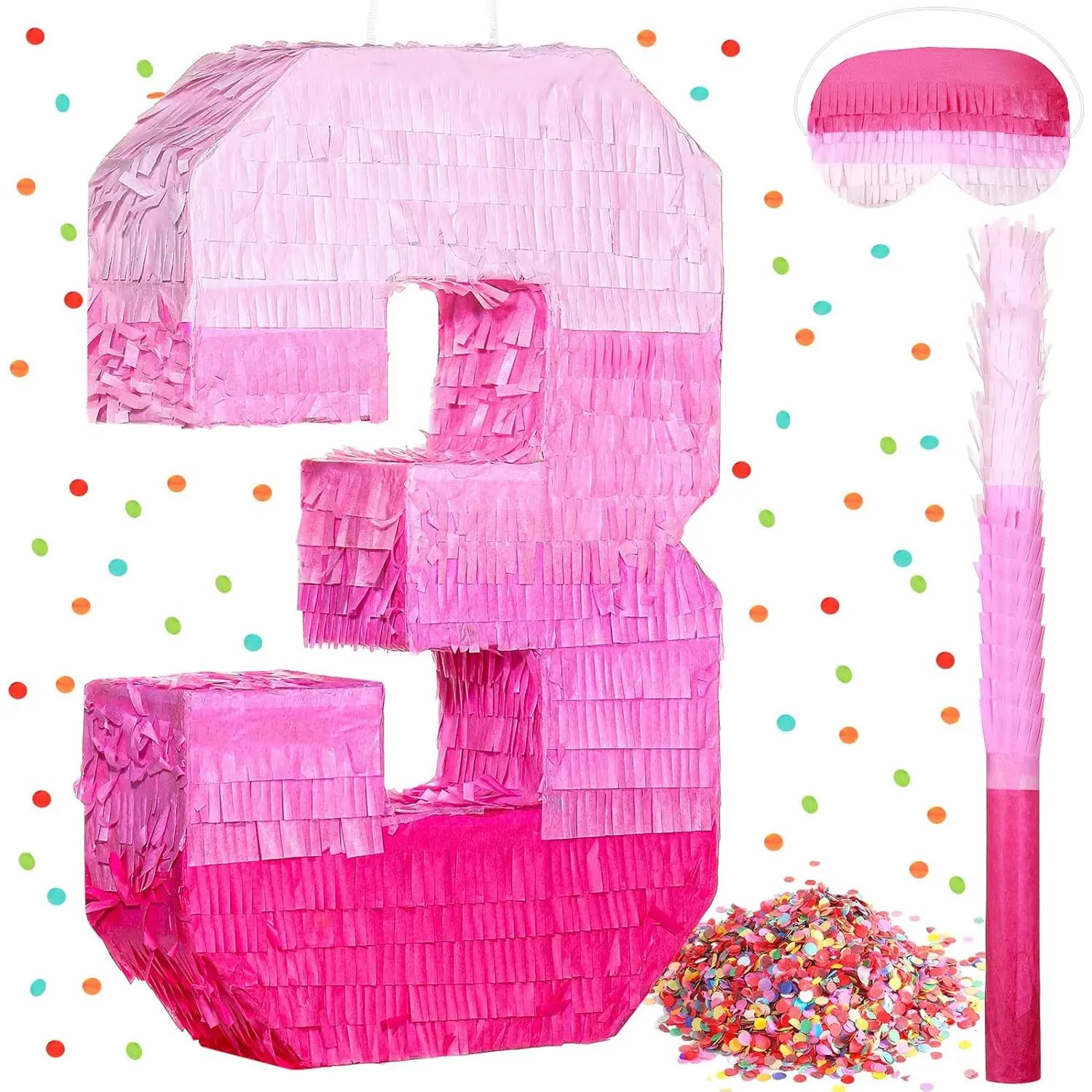 Pink Number 3 Gradient Piñata with Stick Blindfold Confetti for Girls Boys Birthday Anniversary Party Decorations Supplies