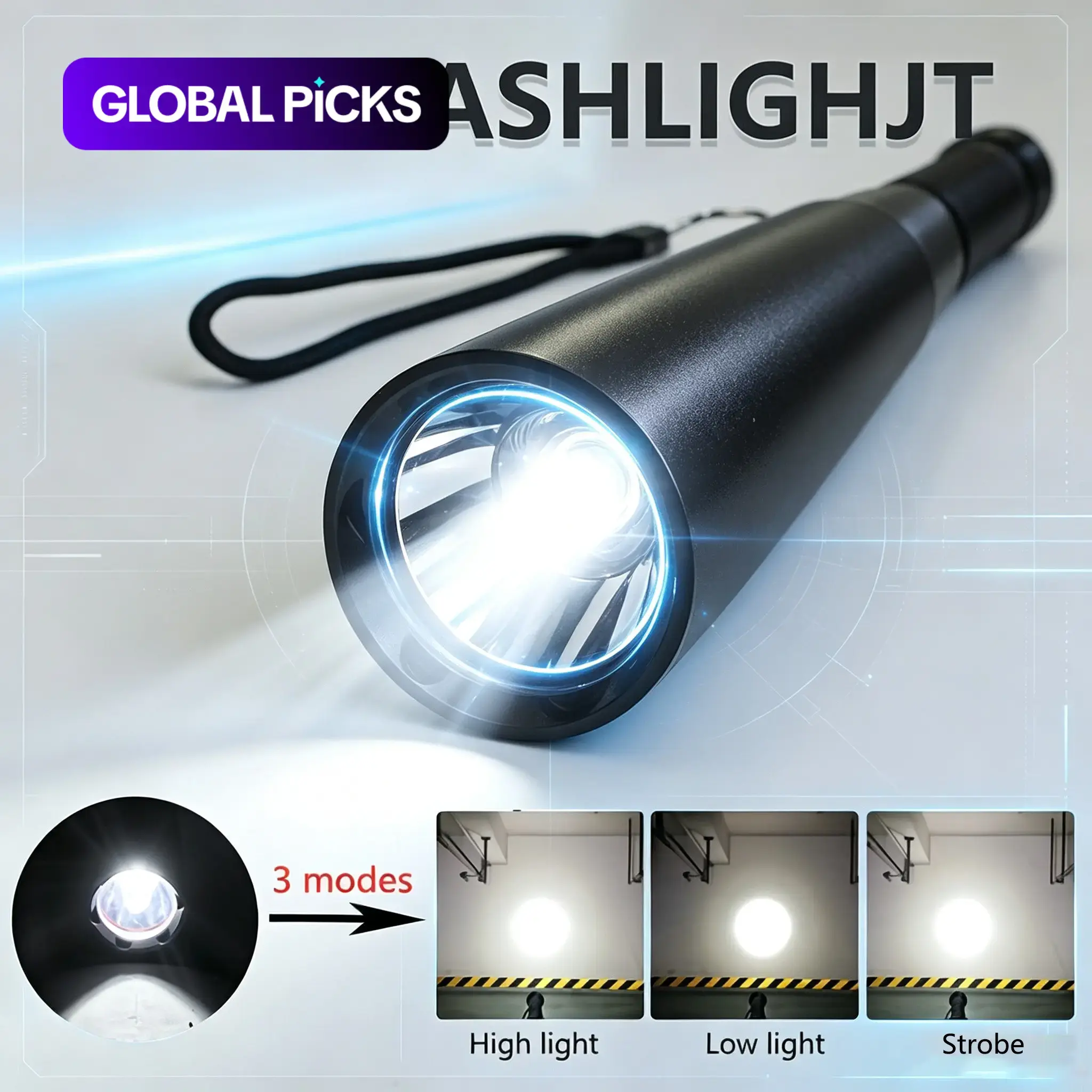 Aluminum Alloy Flashlight, Handheld Torch, Portable Flashlights, 3 Lighting Modes, Non-Slip Handle, Lost-Proof Tail Rope, Durable, Long-Range, Ideal for Travel, Emergency, Home Use #GLOBAL PICKS