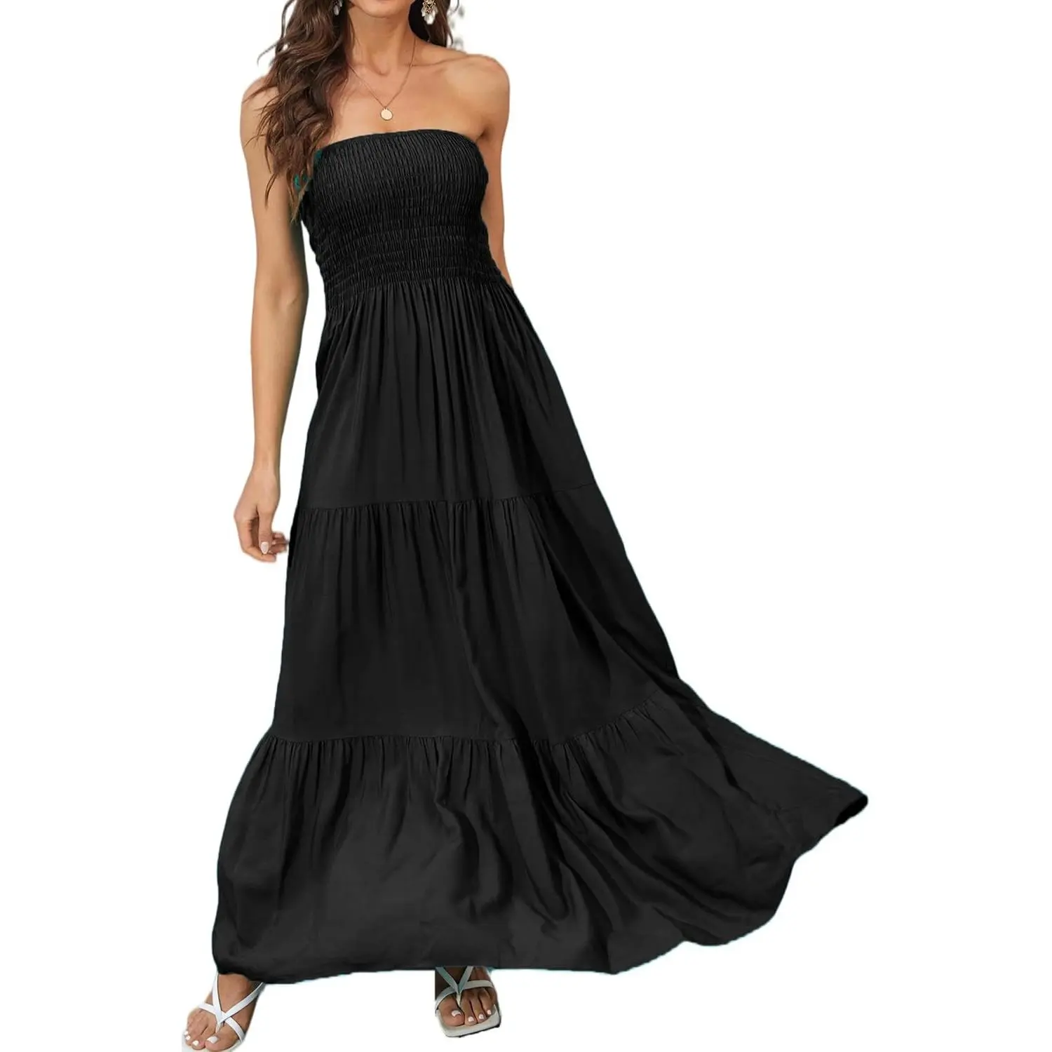Women Strapless A Line Maxi Dress Tube Top Backless Casual Summer Dress