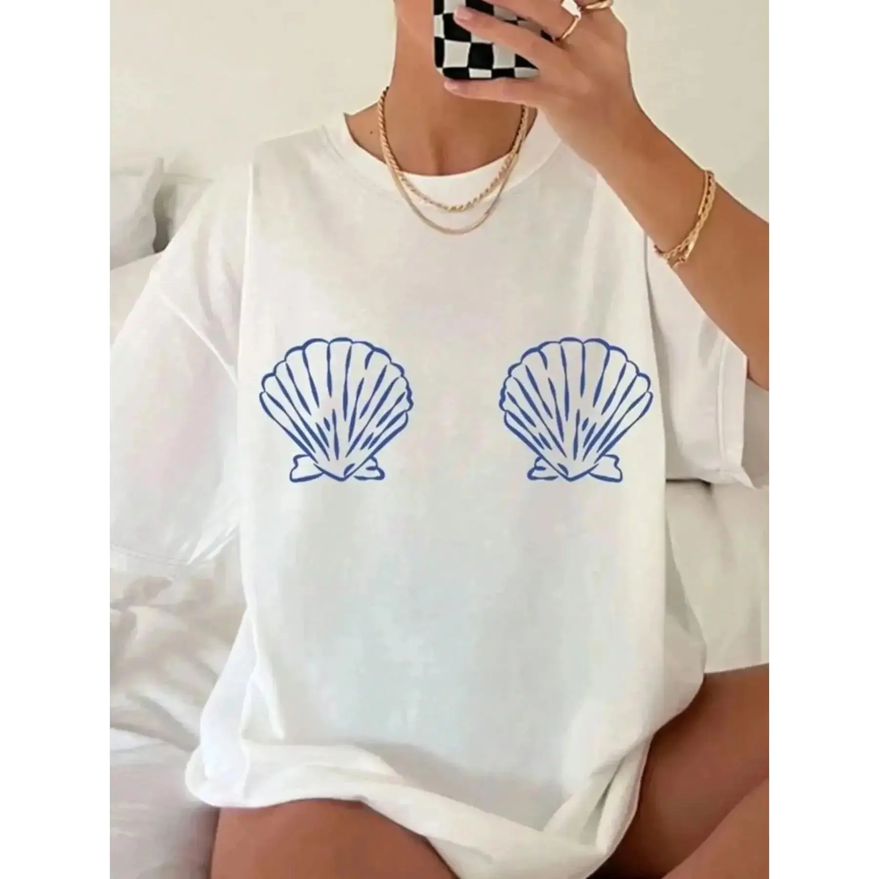 Women's Y2K Seashell Print Oversized Fit Short T-Shirt, Trendy Aesthetic Streetwear Crewneck Tee for Beach, Everyday & Casual Wear, Top