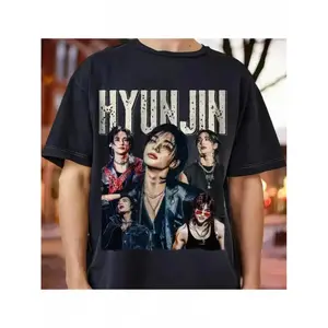 Stray Hyunjin Graphic T-Shirt - Black K-Pop Concert Tee with Bold HYUN JIN Lettering & Member Portraits - Unisex Adult Short Sleeve Crew Neck Shirt, High-Quality Casual Wear, Perfect Gift for Fans