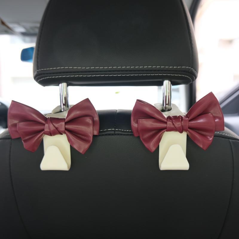 Cute Bowknot Car Seat Back Hooks 2Pcs, Premium Leather Dual Capacity Car Storage Hooks, Easy Install Interior Car Accessories Must Have,Cute Car Accessories for Women
