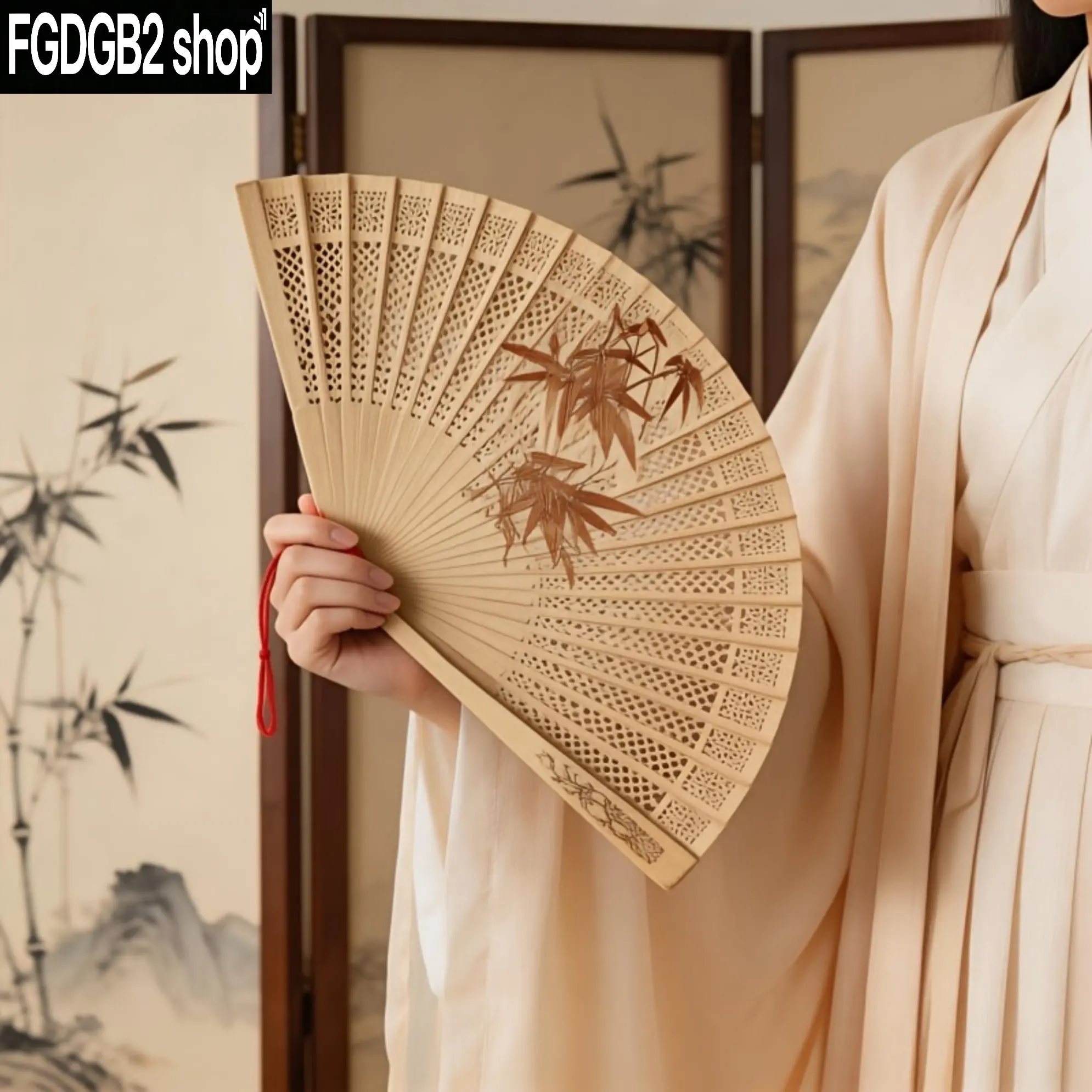 Vintage Chinese Folding Hand Fan, Traditional Carved Wood Design, Lightweight Portable Handheld Fan with Tassel, Decorative Accessory for Dance, Weddings, Festivals, Travel & Home Decor