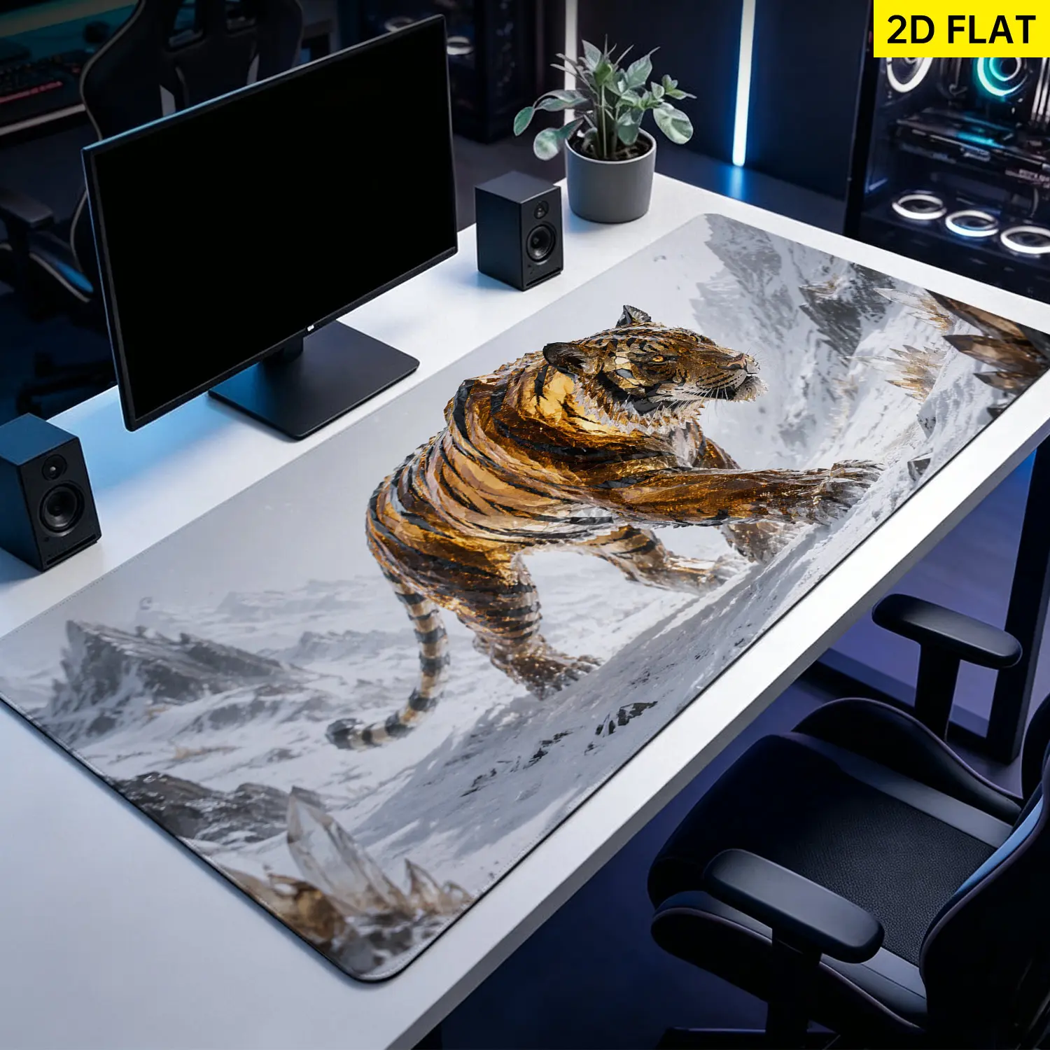 Extra Large gold crystal tiger in snowy mountains Mouse Pad, Non Slip Rubber Pad, Desktop Decoration Drotection Pad, Washable, Lock Edge Multi Size, Premium Multipurpose Mousepad For Home, Office, Gift for Family and Friends