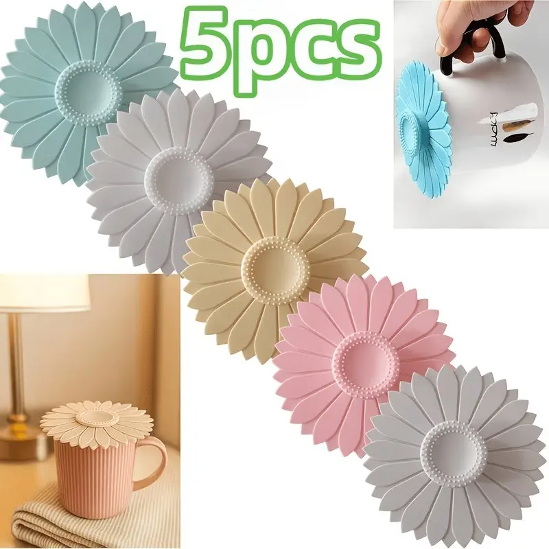 5pcs Sunflower Silicone Cup Coasters, Reusable Coffee Mug Lids, Insect-Proof Insulated Covers, Healthy Dining Tools, Halloween Christmas Gifts