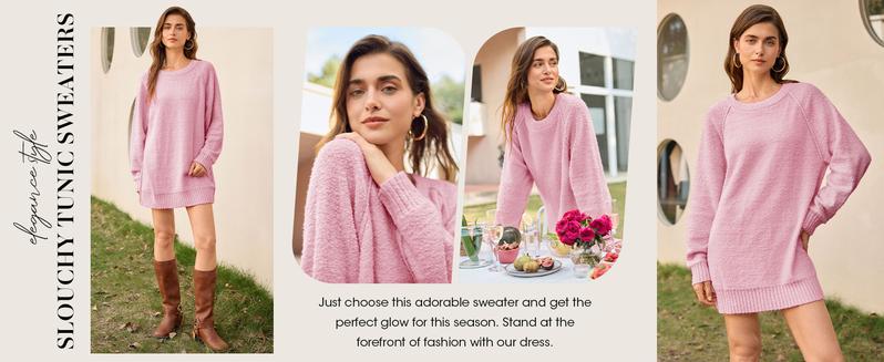 Saodimallsu Womens Oversized Sweater 2025 Fall Trendy Fuzzy Crew Neck Long Sleeve Casual Tunic Sweaters