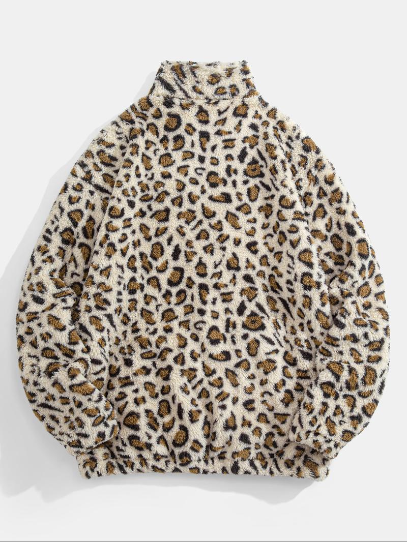 Men's Leopard Print Pocket Half Zip Plush Sweatshirt, Loose Casual Long Sleeve Drop Shoulder Fuzzy Pullover for Winter, Fashion Men's Clothes for Daily Wear, Casual Sweatshirts
