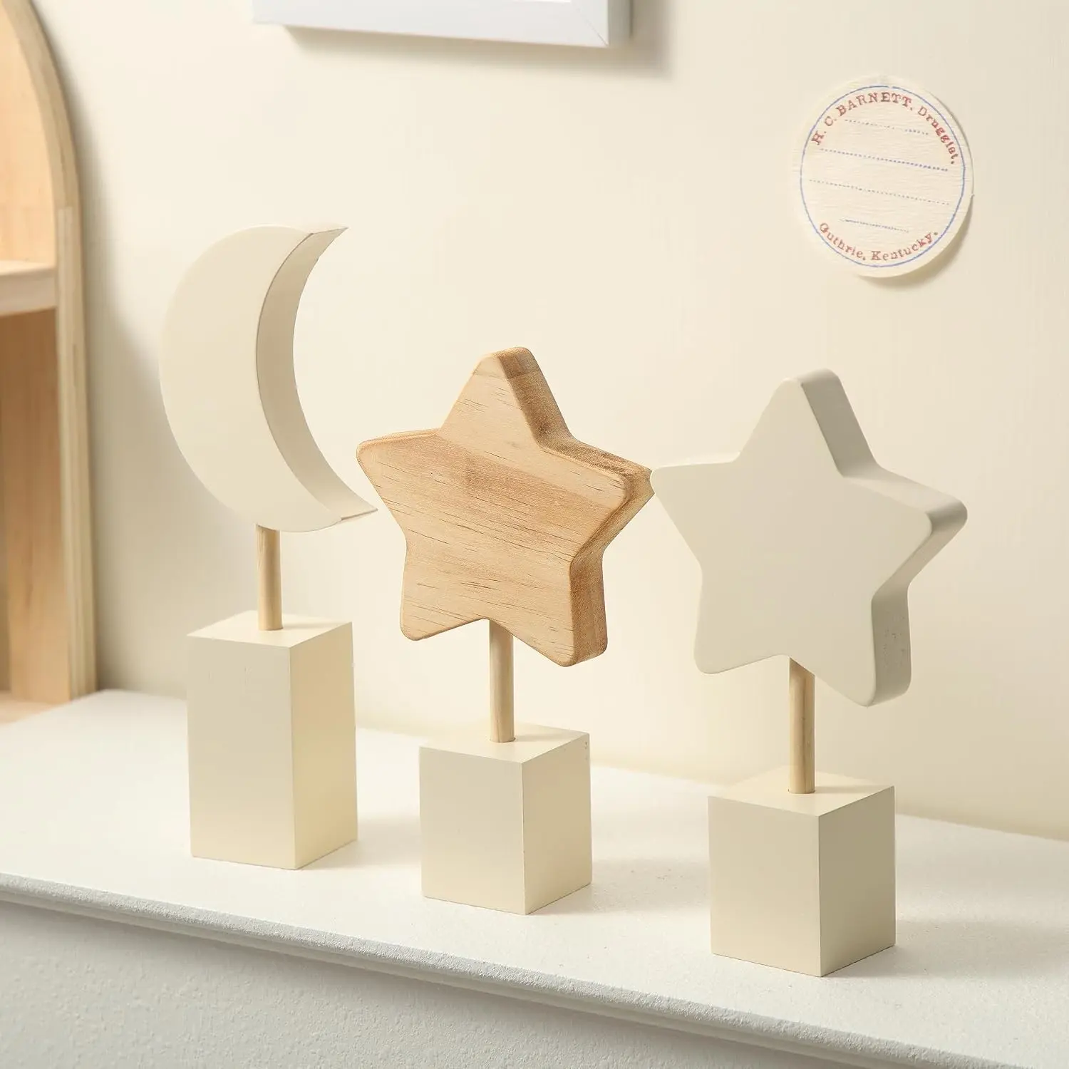 3 Pcs Wooden Boho Moon and Star Nursery Decor Set, Cute Bohemian Kids Shelf Decoration for Boys Girls Farmhouse Bedroom Kindergarten Classroom Playroom Bookshelf(Gift)