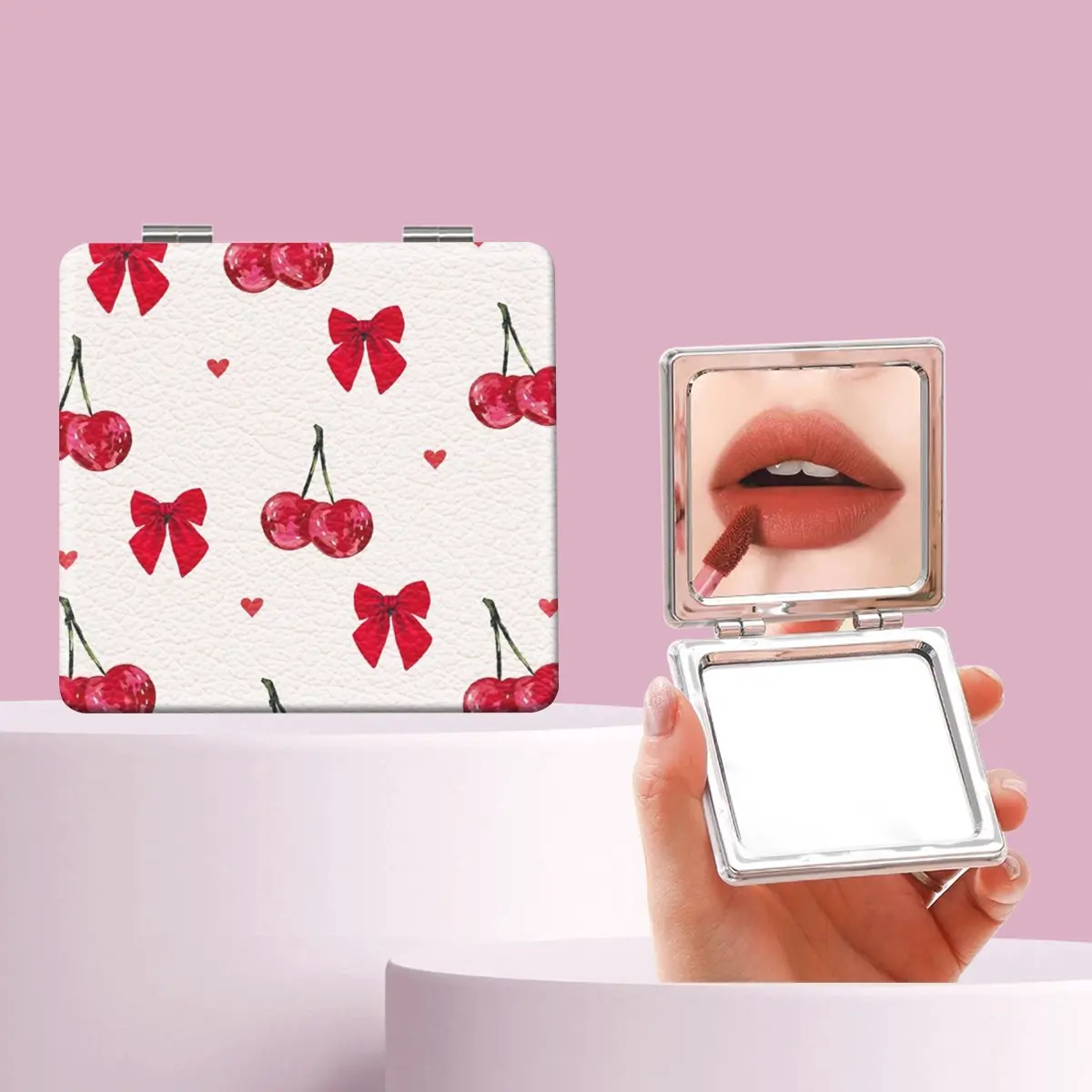 Millennium Y2K Style Cherry Heart Bow Makeup Mirror, Portable Folding Mini Handheld Mirror, Perfect Gift for All Occasions