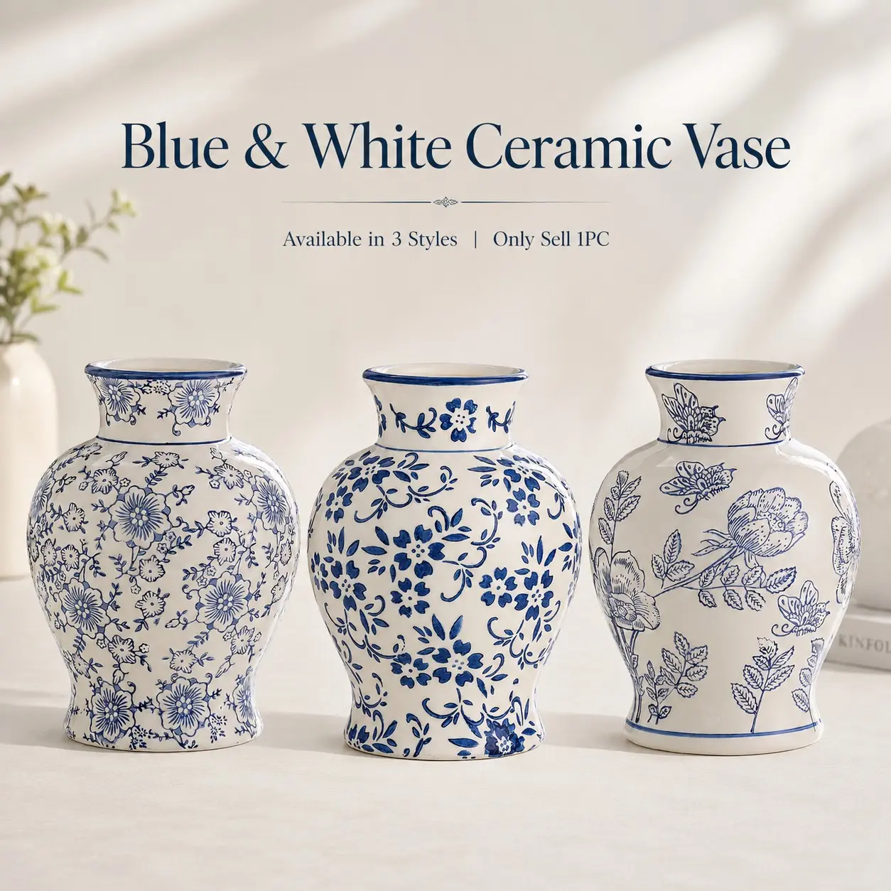Blue and Ceramic Vase, Waterproof Decorative Flower Pot, Floral Texture Porcelain Vase, Chinese Style Ceramic Ornament, Living Room Bedroom Desk Home Decoration