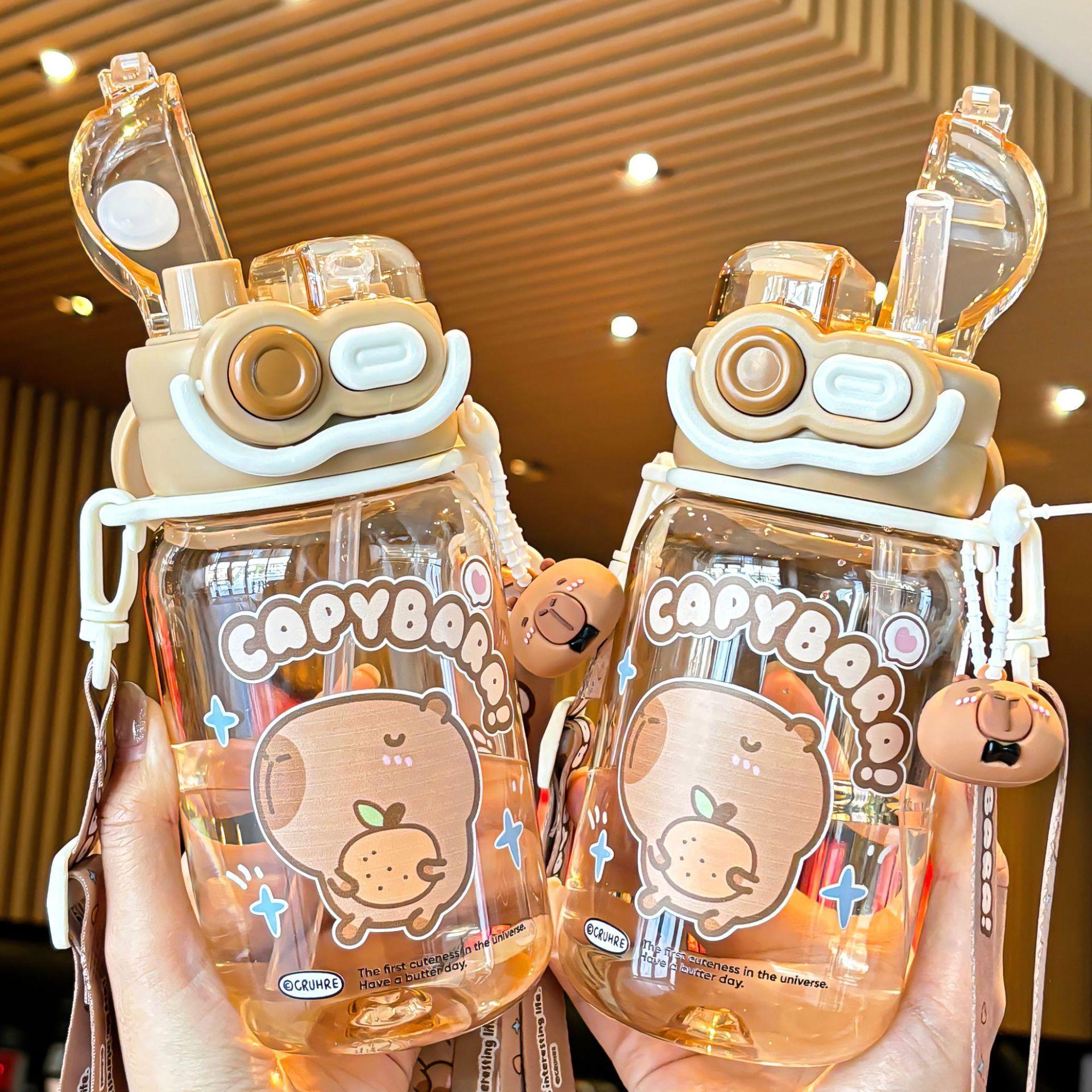 Capybara Cute Summer Kids Plastic Water Bottle for Students Girls kapibara Plastic Cup Portable Strap Children's Cup with Straw