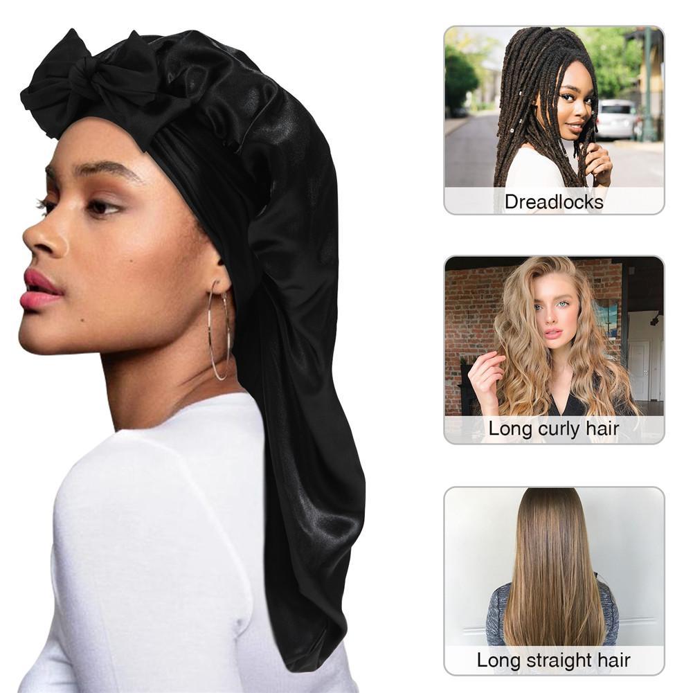 AWAYTR Single Layer Long Satin Bonnet Adjustable Silk Like Hair Bonnets for Women Sleeping Cap for Hair with Elastic Tie Band Hair Care Cap Haircare