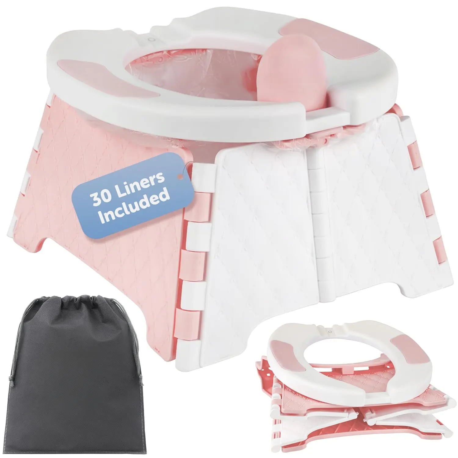 Toddler Portable Potty Training Chair - Solid Pink Foldable Seat with Travel Bag, 30 Liners, Prop 65 Safe for Camping, Indoor/Outdoor Use, Fast Shipping
