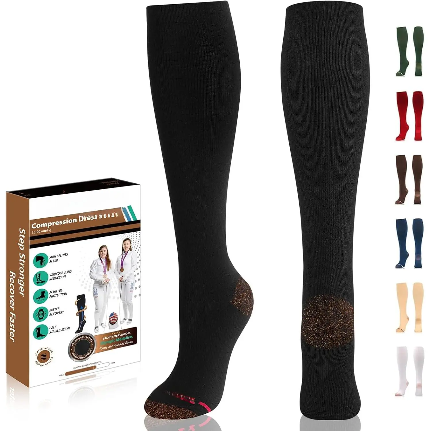 Cotton-Rich Copper Compression Dress Socks for Diabetic Adults, 15-20mmHg, Odor Control, Black Medical Stockings for Business Casual & Running, Diabetes, No Warning Applicable