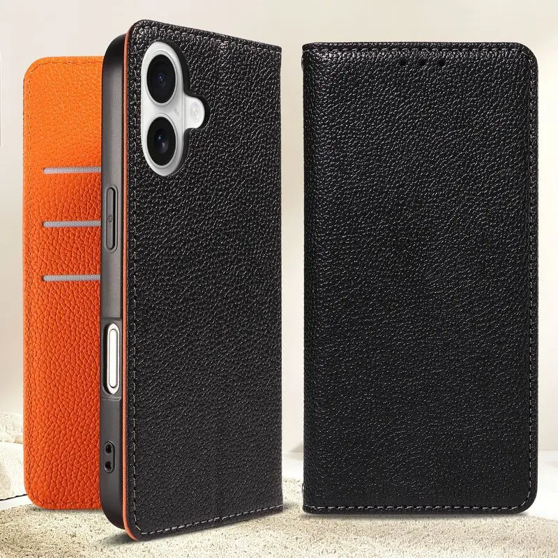 Premium Genuine Leather Magnetic Phone Case for iPhone 17 Pro Max with Built in Card Slot Lanyard Loop Slim Protective Cover Fully Compatible with MagSafe Wireless Charging