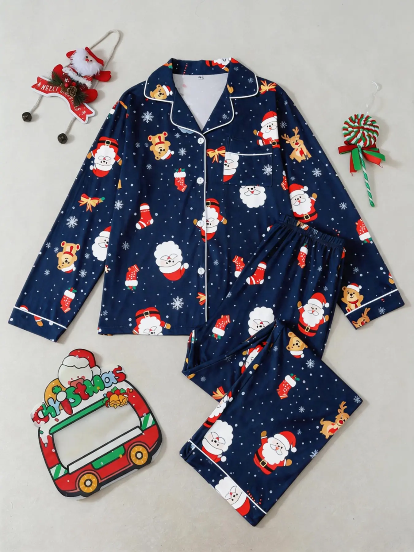 Women's Christmas Pajama Set, Cute Santa and Reindeer Theme, Long Sleeve Collared Sleepwear, Holiday Casual Home, Two-Piece Set
