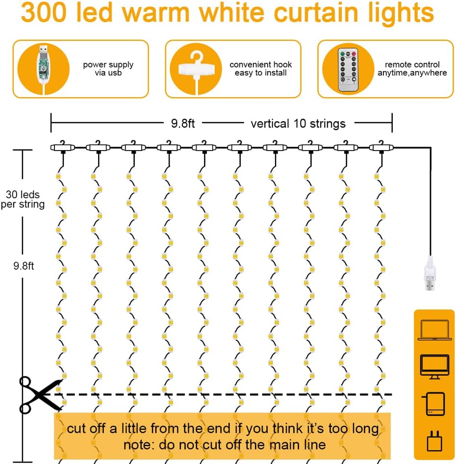 Fairy Curtain Lights,300 LED White Curtain Lights,8 Modes 9.89.8Ft  Window Curtain String Light USB  with Remote Control,Christmas String Lights Curtain for Indoor/Outdoor