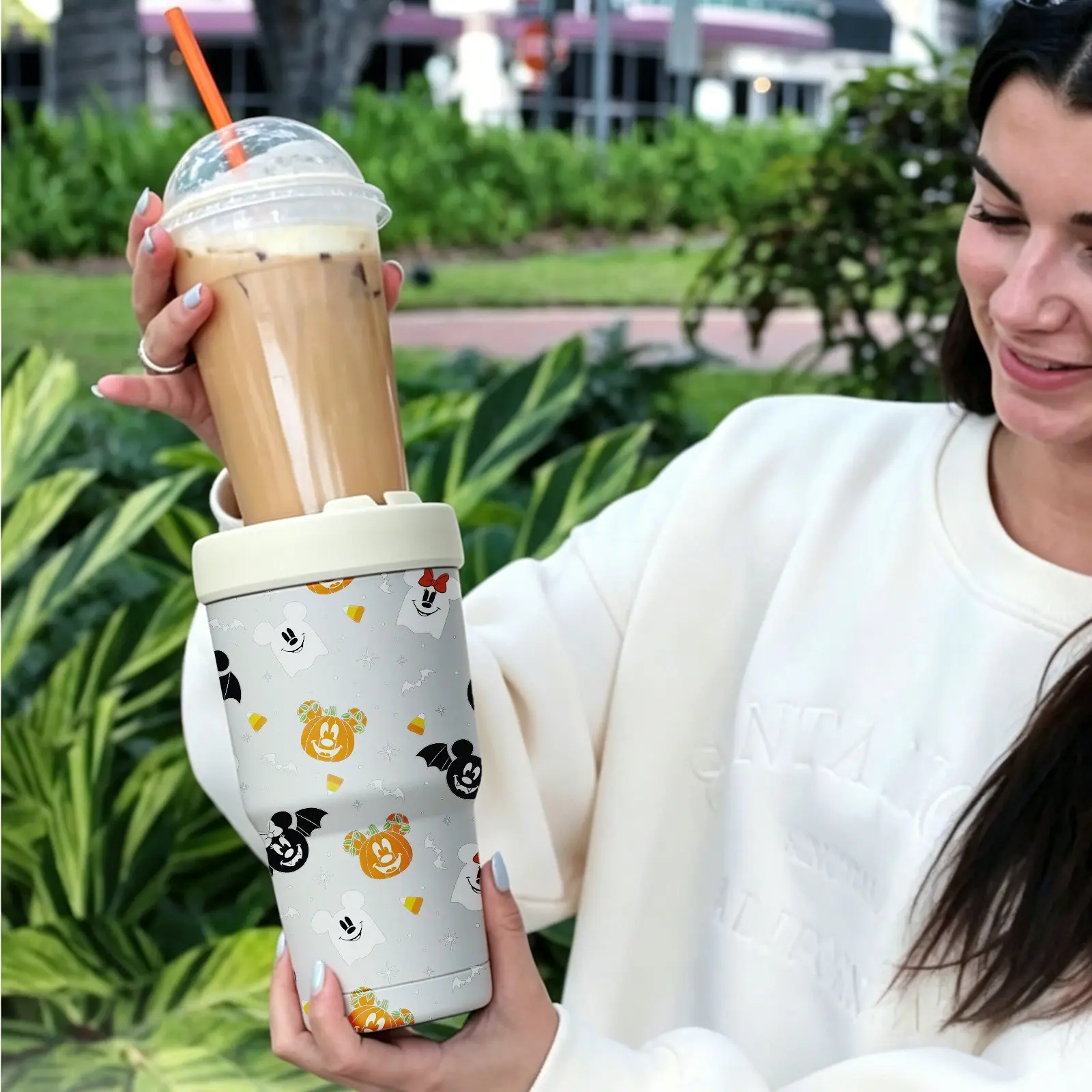 1 PC Cute Seasonal Print 2-in-1 Insulated Tumbler & Iced Coffee Cup Sleeve, Leakproof Double Wall Vacuum Stainless Steel Travel Mug, Keeps Cold 12+H & Hot 6+H, Fits 16-24oz To-Go Cups, Ideal Gift for Friends & Family, Halloween, Thanksgiving & Christmas