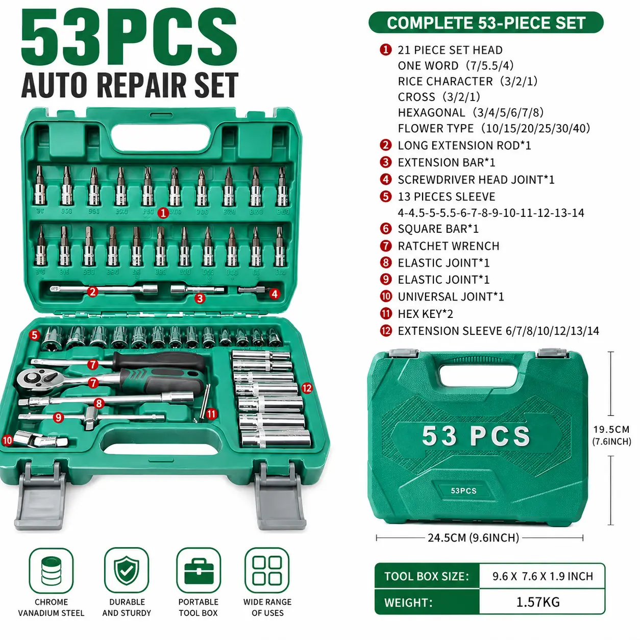 53PCS Portable Car Repair Mechanic Tool Kit - Ratchet Socket Wrench Set with Screwdriver Bits, Extension Bars, Hex Keys for Car, Home Repair, Portable Kit