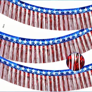 Independence Day Decor Set, 4-Piece Kit, 14.96x118.11 Inches, Foil Fringe Wreath, Sparkly Ribbon, Blue Stars, Patriotic Party Supplies