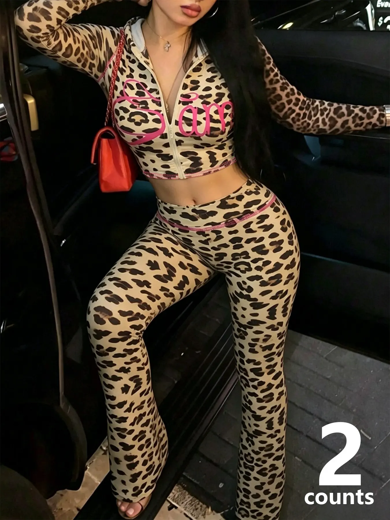 Two-piece Women's Leopard Print Matching Set, Long Sleeve Hooded Cropped Zip Jacket & High Waist Flare Leg Pants, Soft Stretchy Tracksuit, Y2K Hip Hop Style, Suitable For Party And Daily Wear, Clothes