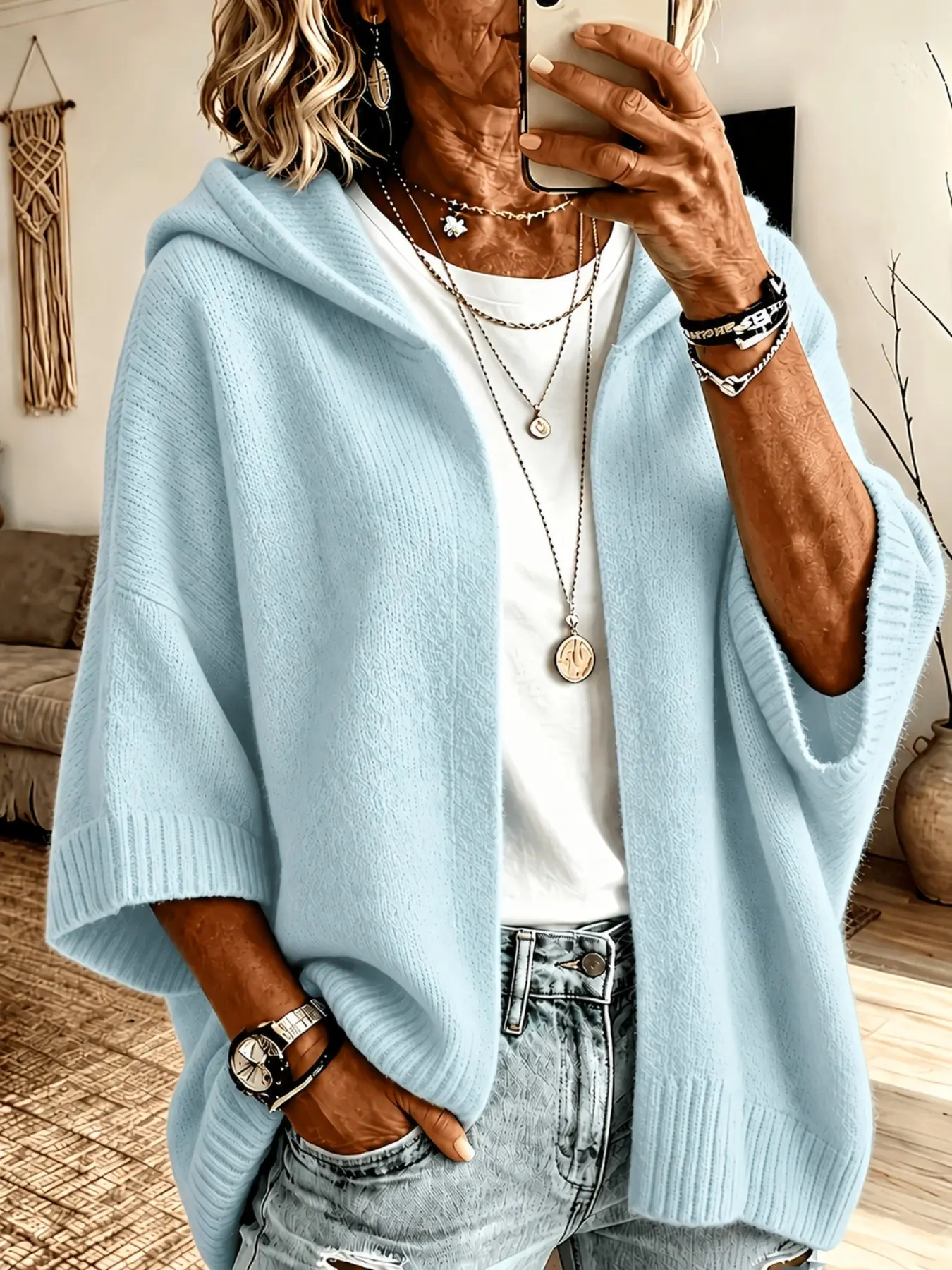 Women's Loose Hooded Knit Cardigan, Buttonless Open Front Three-Quarter Sleeve Sweater Coat, Casual Lazy Outerwear