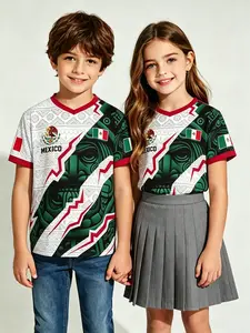 Kids' Sports T-shirt "Mexico Aztec Totem Color Block Print" V-Neck Short Sleeve, Unisex for Boys & Girls, Soft, Sweat-Absorbent & Non-deformable, Ideal for PE, Soccer, Outdoor & Parties, Machine Washable, Summer Casual Gift for Kids