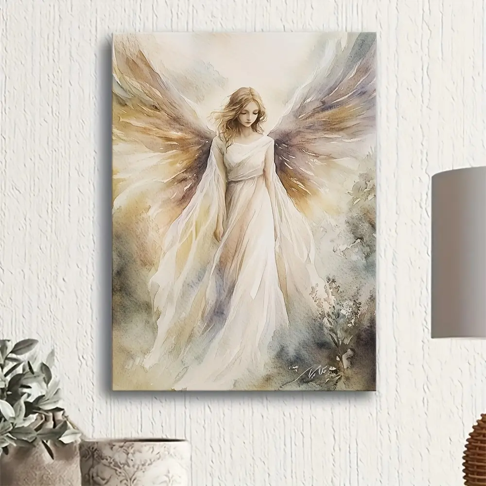 1pc Wooden Framed Canvas Guardian Angel Painting Religious Mural Angel Watercolor Abstract Angel Art Print, 626Wa Room Decor, Home Decor, Wall Decor, Bedroom Decor