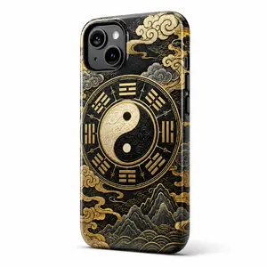 Bagua Yin Yang Balance iPhone Case, Eastern Mystique Glossy Film Phone Cover, Black Gold Oriental Style Protective Case