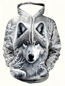 Men's 3D Long Sleeve Hoodie, Wolf Print Casual Sweatshirt, Geometric Pattern, Fitted, All Seasons, Perfect Gift for Him