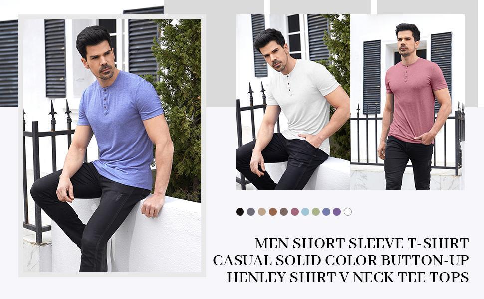 PASLTER  Men Short/Long Sleeve T-Shirt Casual Solid Color Button-up Henley Shirt V Neck Tee Tops M4B039 Menswear Streetwear