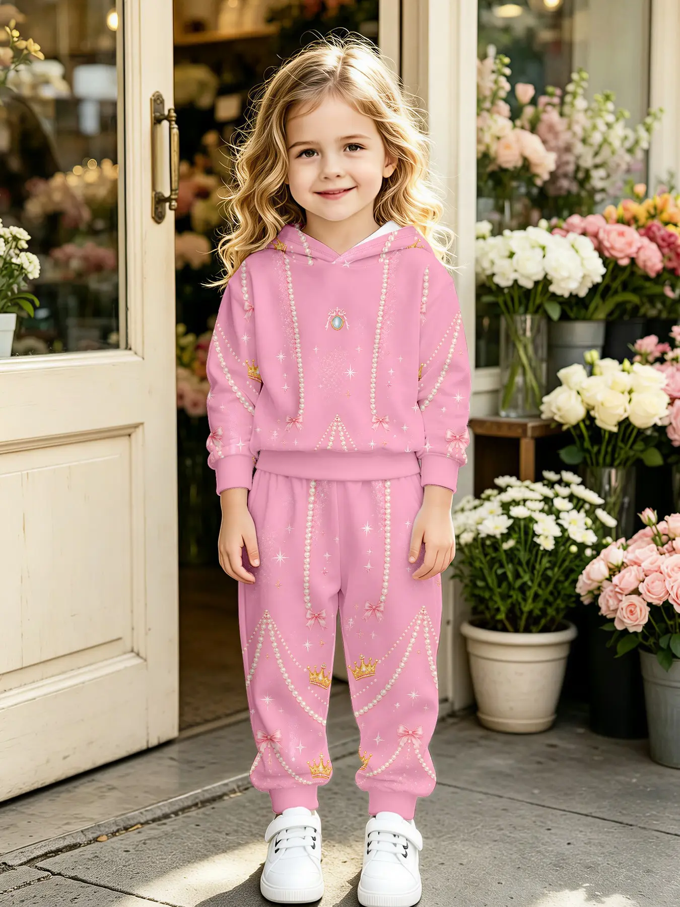 Girls' Princess Crown Pearl Bow Hoodie Set, Cute All over Print Sweatshirt, Fitted Fall Winter, Perfect for Parties and Christmas Gifts