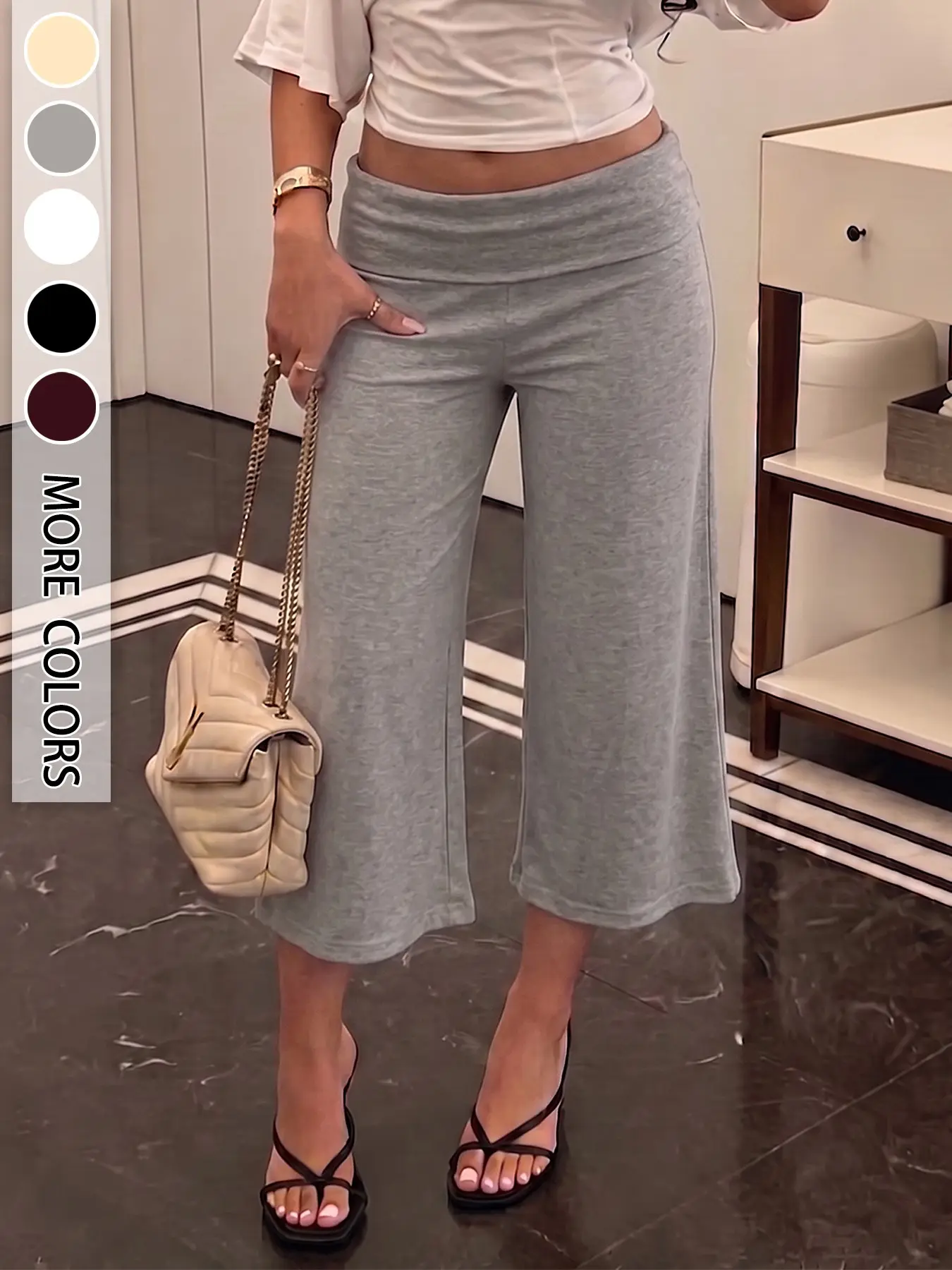 Women's Low-Rise Fold-Over Waist Wide Leg Capri Bottom Pants, Loose Draped Slim-Fit Casual Pants, 2026 Summer New Arrival, Spicy Girl Style Loungewear Pants for Home & Outerwear, Multi-Colors Available, Elastic