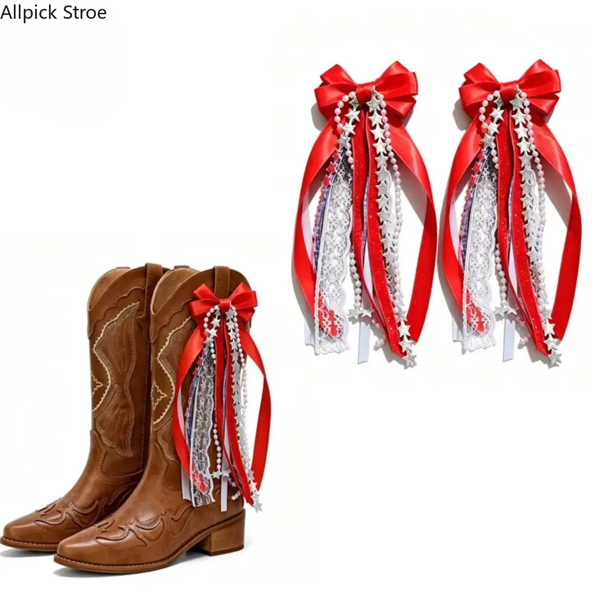 Patriotic Shoe Embellishment Set, 2-Piece Fabric Cowboy Boot Charms with Star Tassel & Bow, Red White & Blue Fourth of July Decor, Decorative Shoe Accessories, Fabric Charms, Red Pair, 4Th Of July, Shoe Decoration Charms